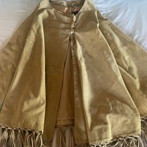 Terry Lewis Womens Poncho Solid Beige Suede Genuine Leather Fringe Hemline